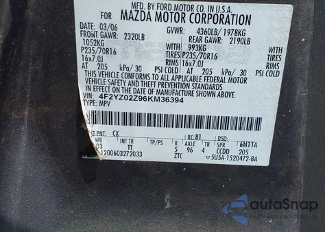 2006 Mazda Tribute I из США, поврежденный, VIN 4F2YZ02Z96KM36394